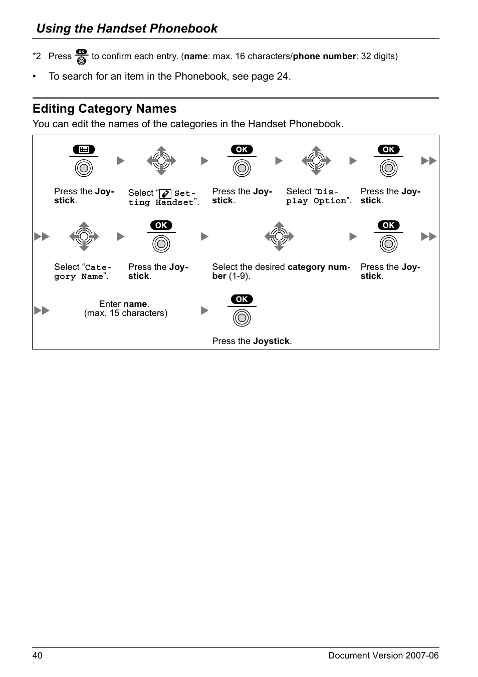 Editing category names, Using the handset phonebook | Panasonic KX-TD7694 User Manual | Page 40 / 68