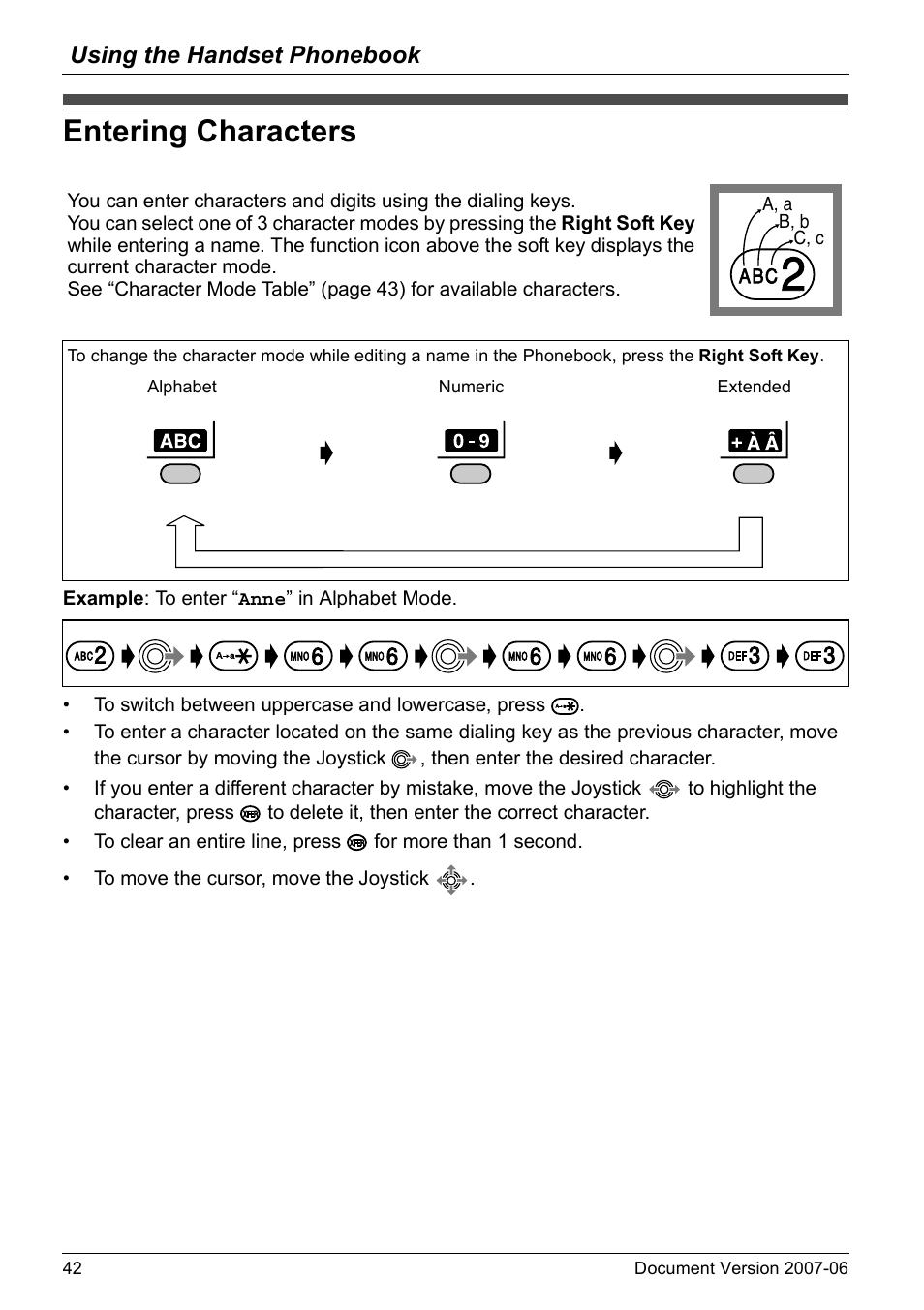 Entering characters, Using the handset phonebook | Panasonic KX-TD7694 User Manual | Page 42 / 68