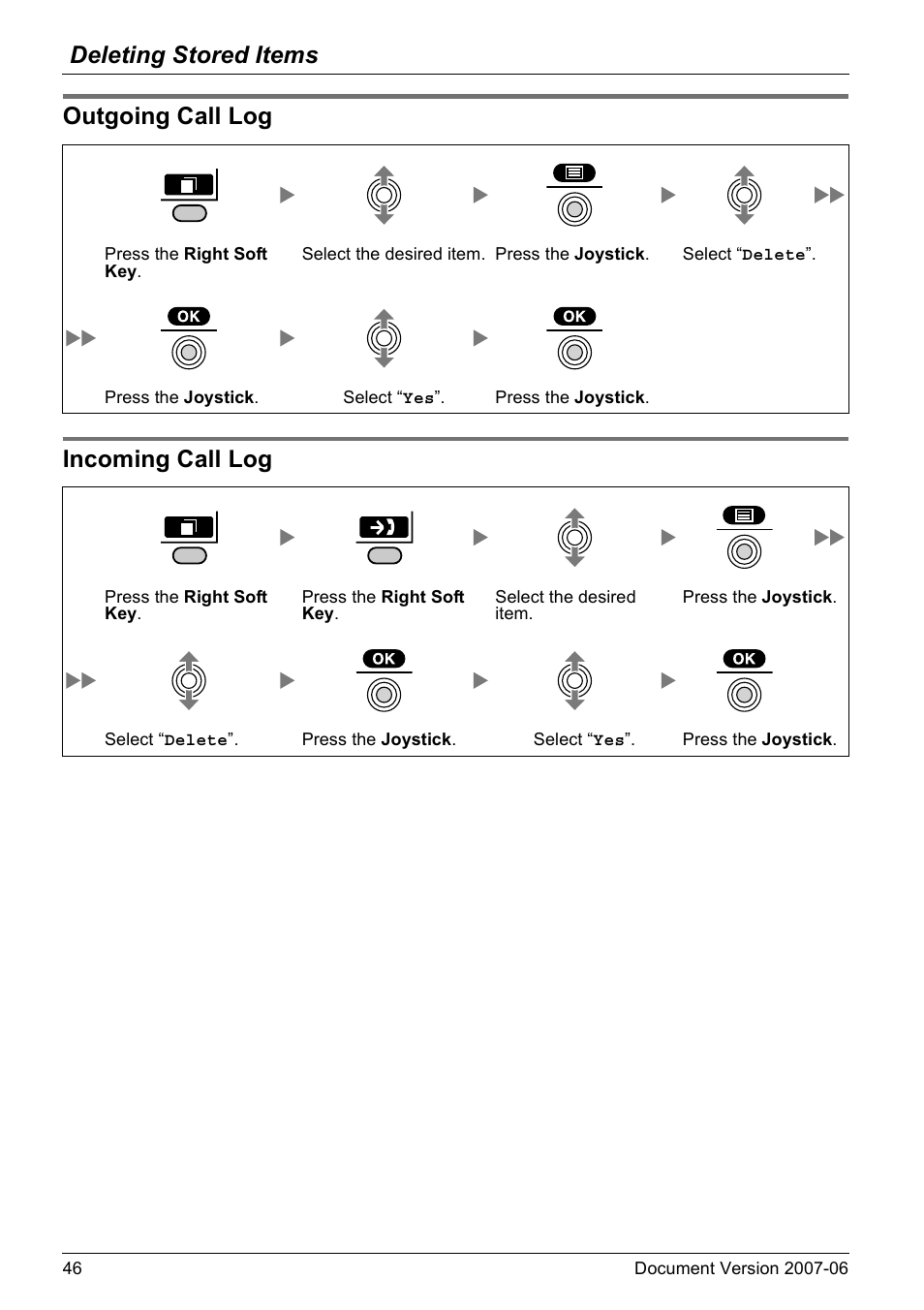 Outgoing call log, Incoming call log, Outgoing call log incoming call log | Deleting stored items | Panasonic KX-TD7694 User Manual | Page 46 / 68