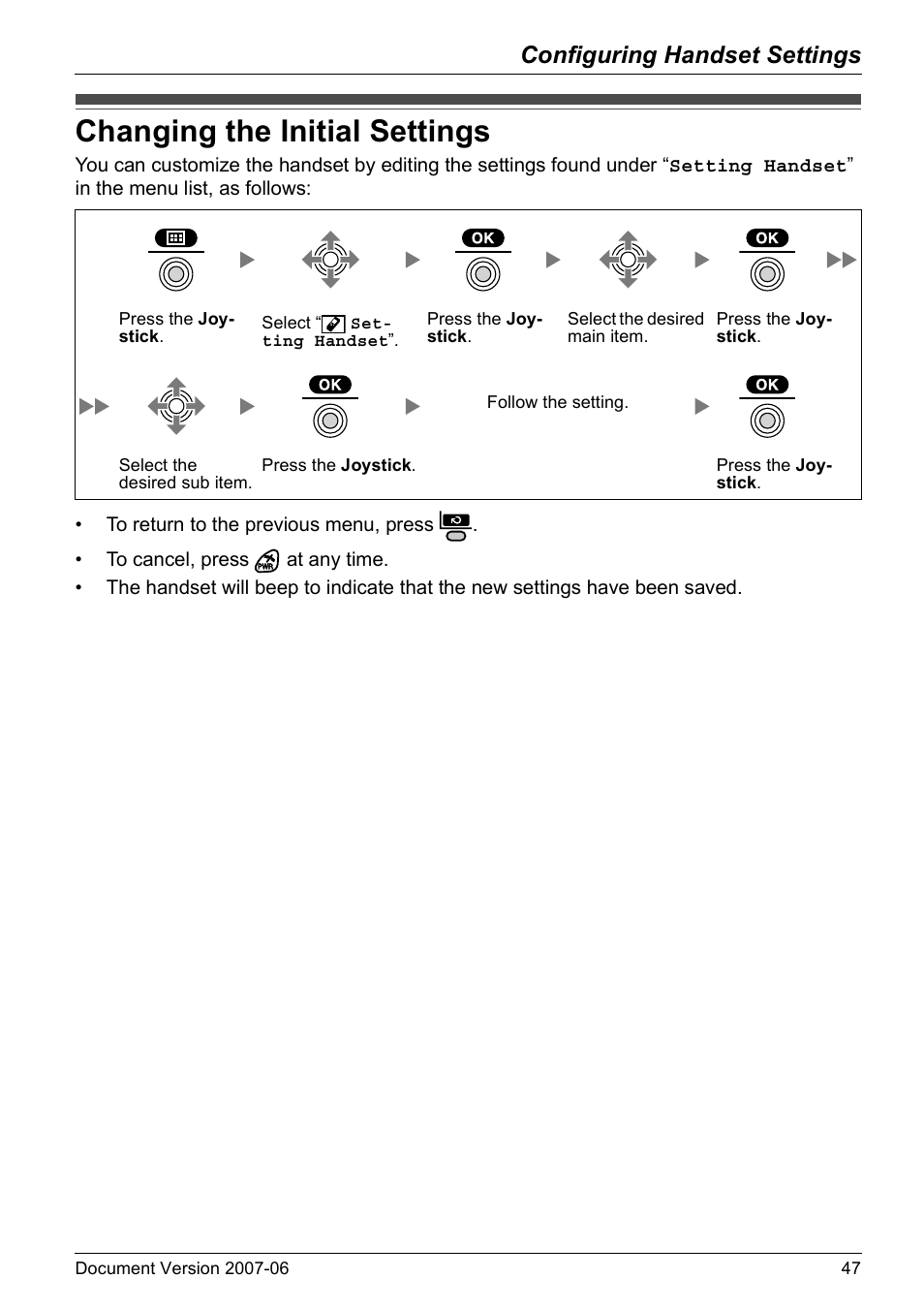 Configuring handset settings, Changing the initial settings | Panasonic KX-TD7694 User Manual | Page 47 / 68