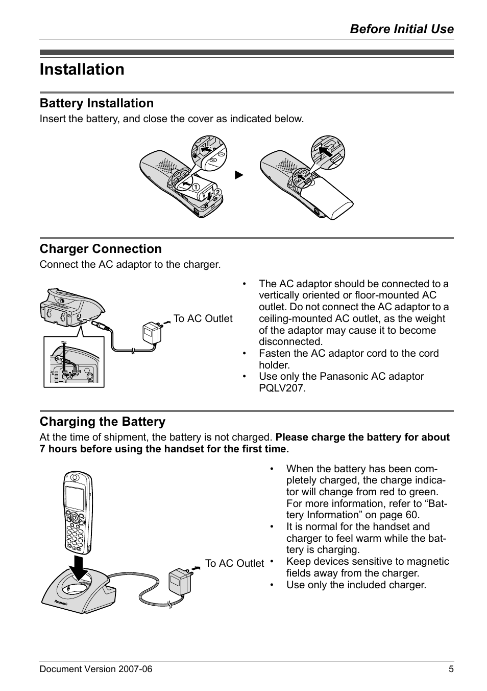 Installation, Battery installation, Charger connection | Charging the battery, Before initial use, Battery installation charger connection | Panasonic KX-TD7694 User Manual | Page 5 / 68