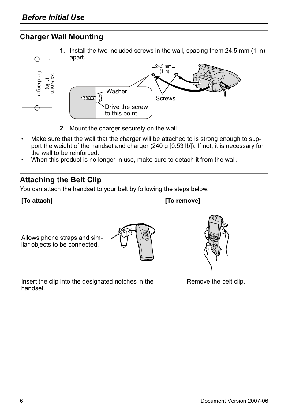 Charger wall mounting, Attaching the belt clip, Charger wall mounting attaching the belt clip | Before initial use | Panasonic KX-TD7694 User Manual | Page 6 / 68