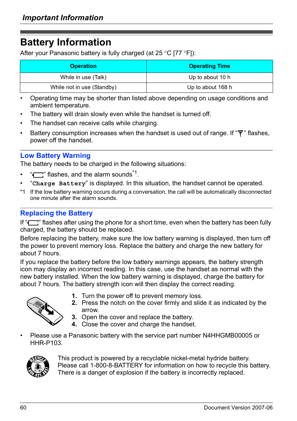 Important information, Battery information, Tery information | Battery information” on | Panasonic KX-TD7694 User Manual | Page 60 / 68