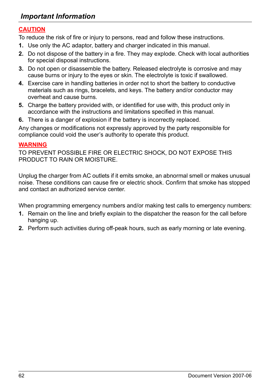 Important information | Panasonic KX-TD7694 User Manual | Page 62 / 68