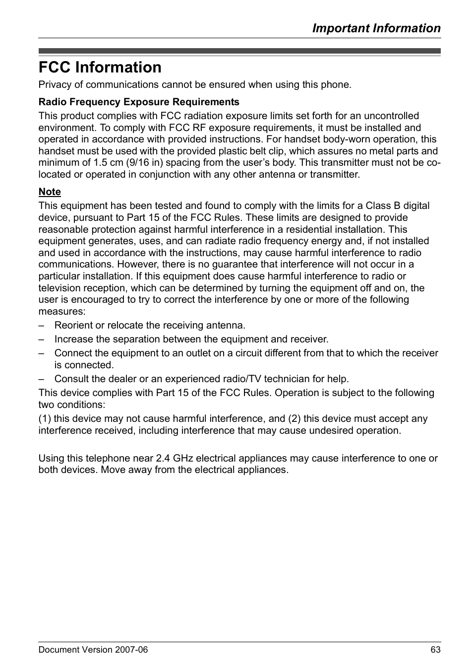 Fcc information, Important information | Panasonic KX-TD7694 User Manual | Page 63 / 68