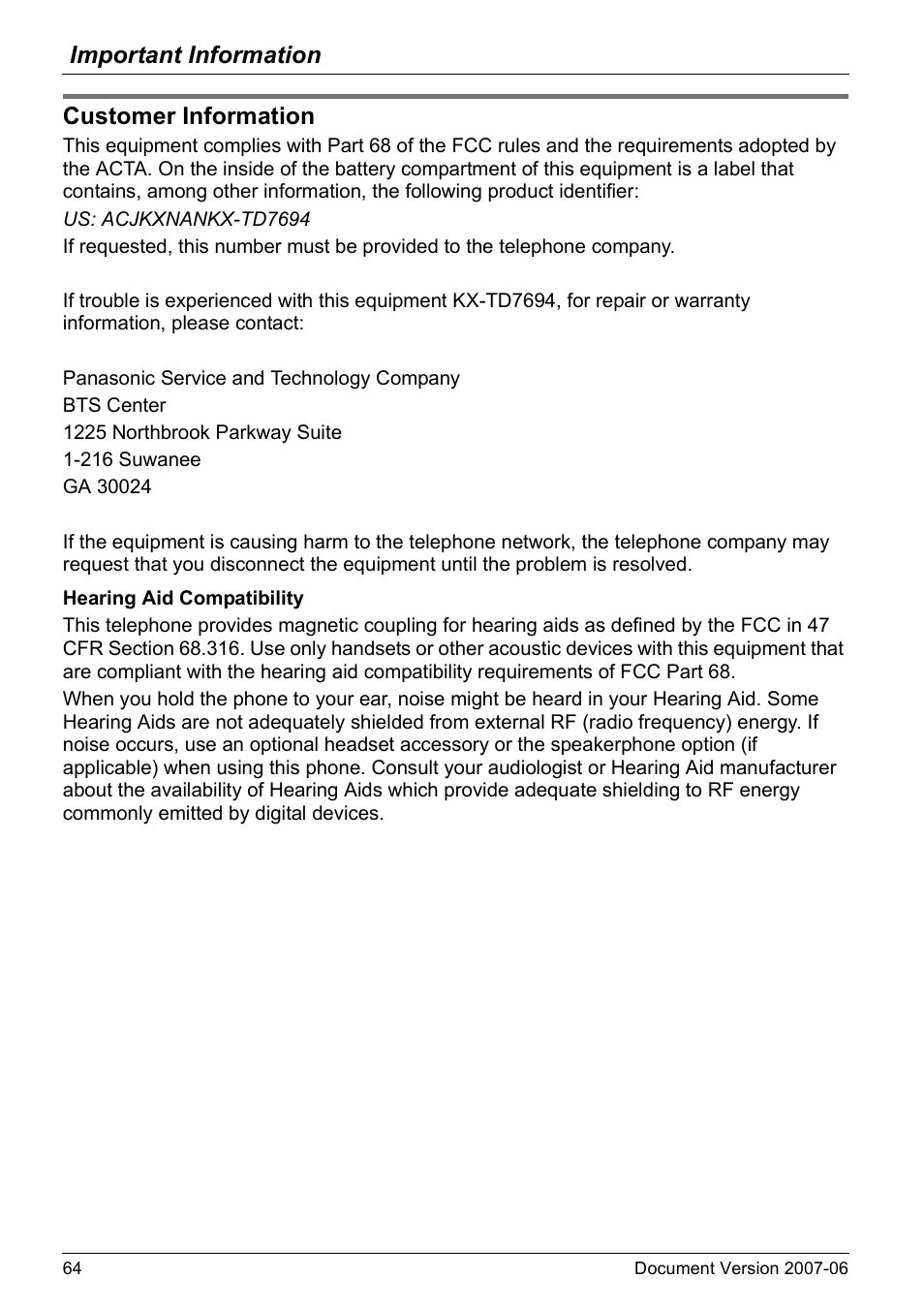 Customer information, Important information | Panasonic KX-TD7694 User Manual | Page 64 / 68