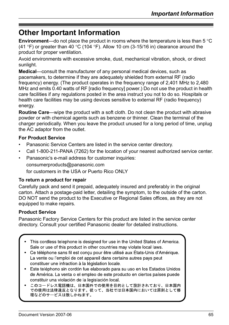 Other important information, Important information | Panasonic KX-TD7694 User Manual | Page 65 / 68