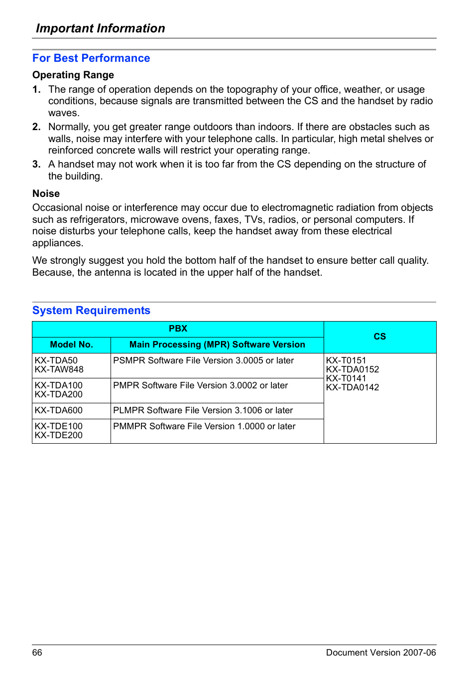 Important information, For best performance, System requirements | Panasonic KX-TD7694 User Manual | Page 66 / 68