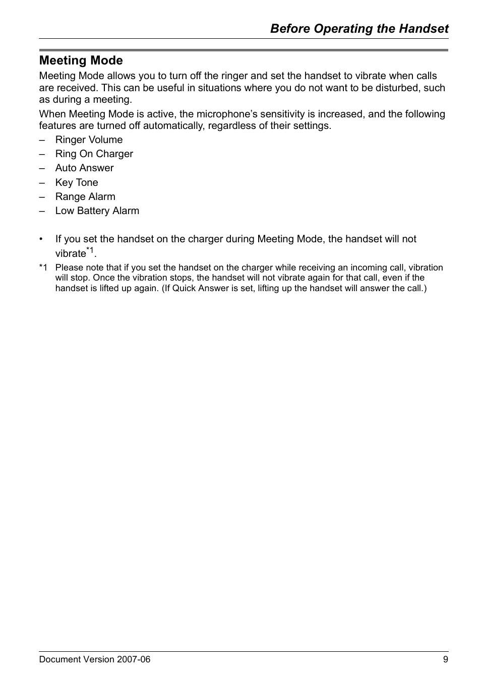 Meeting mode, Meeting, Mode” o | Before operating the handset | Panasonic KX-TD7694 User Manual | Page 9 / 68