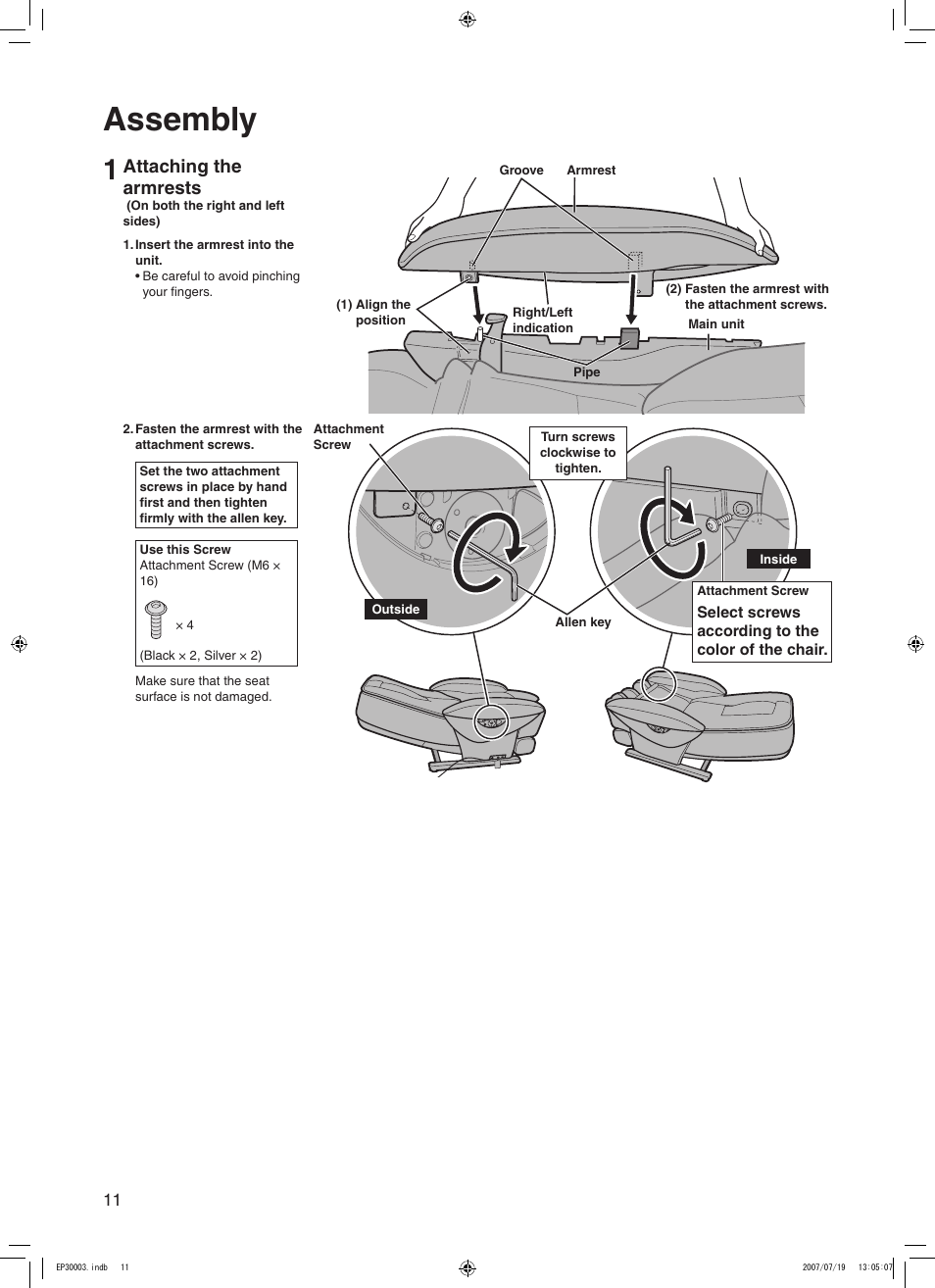 Assembly, Attaching the armrests | Panasonic 30003 User Manual | Page 12 / 46