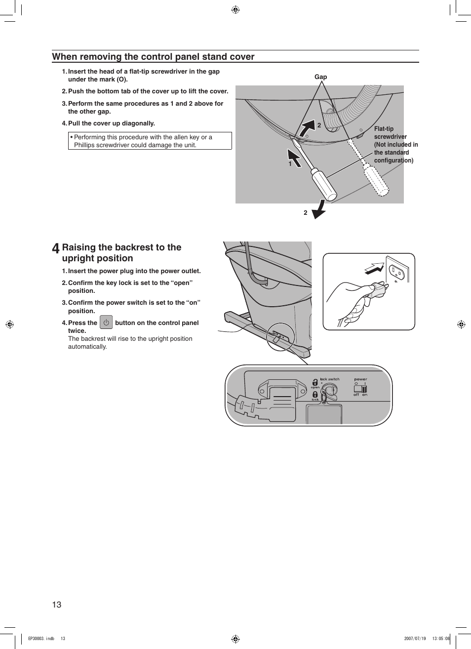 When removing the control panel stand cover, Raising the backrest to the upright position | Panasonic 30003 User Manual | Page 14 / 46