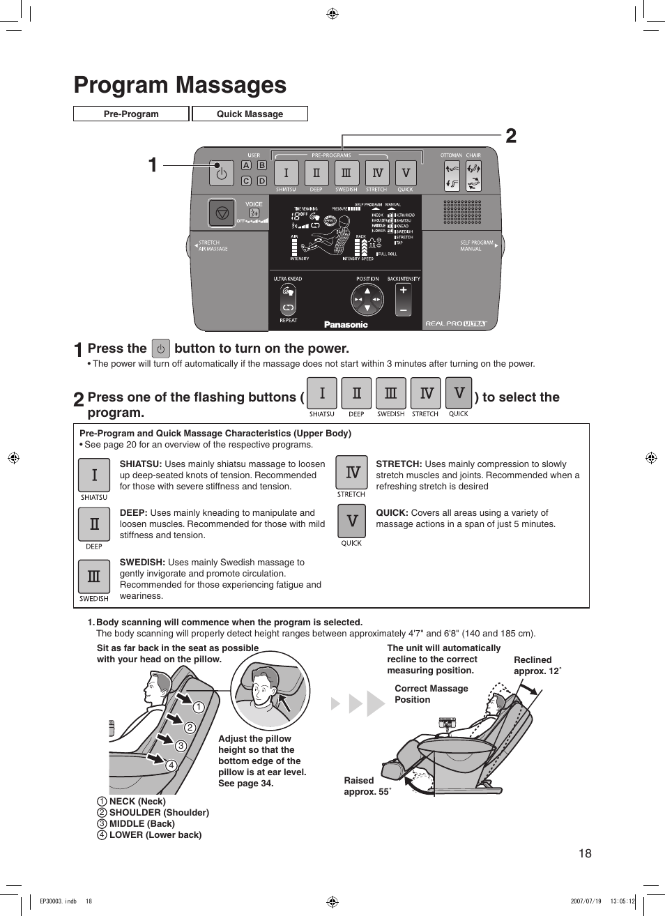 Program massages, Press the button to turn on the power | Panasonic 30003 User Manual | Page 19 / 46