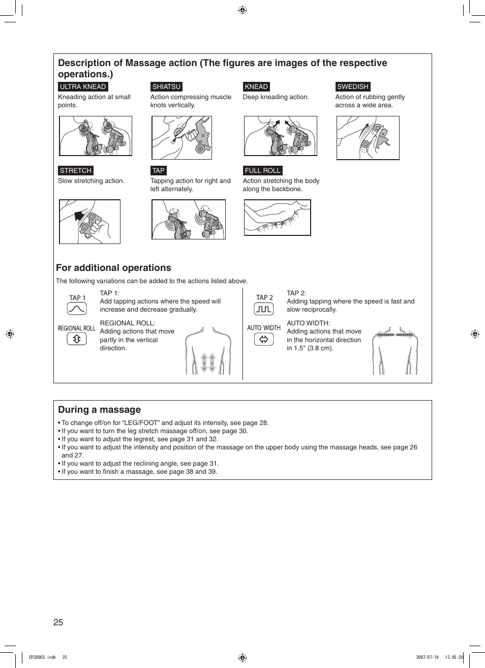 For additional operations, During a massage | Panasonic 30003 User Manual | Page 26 / 46