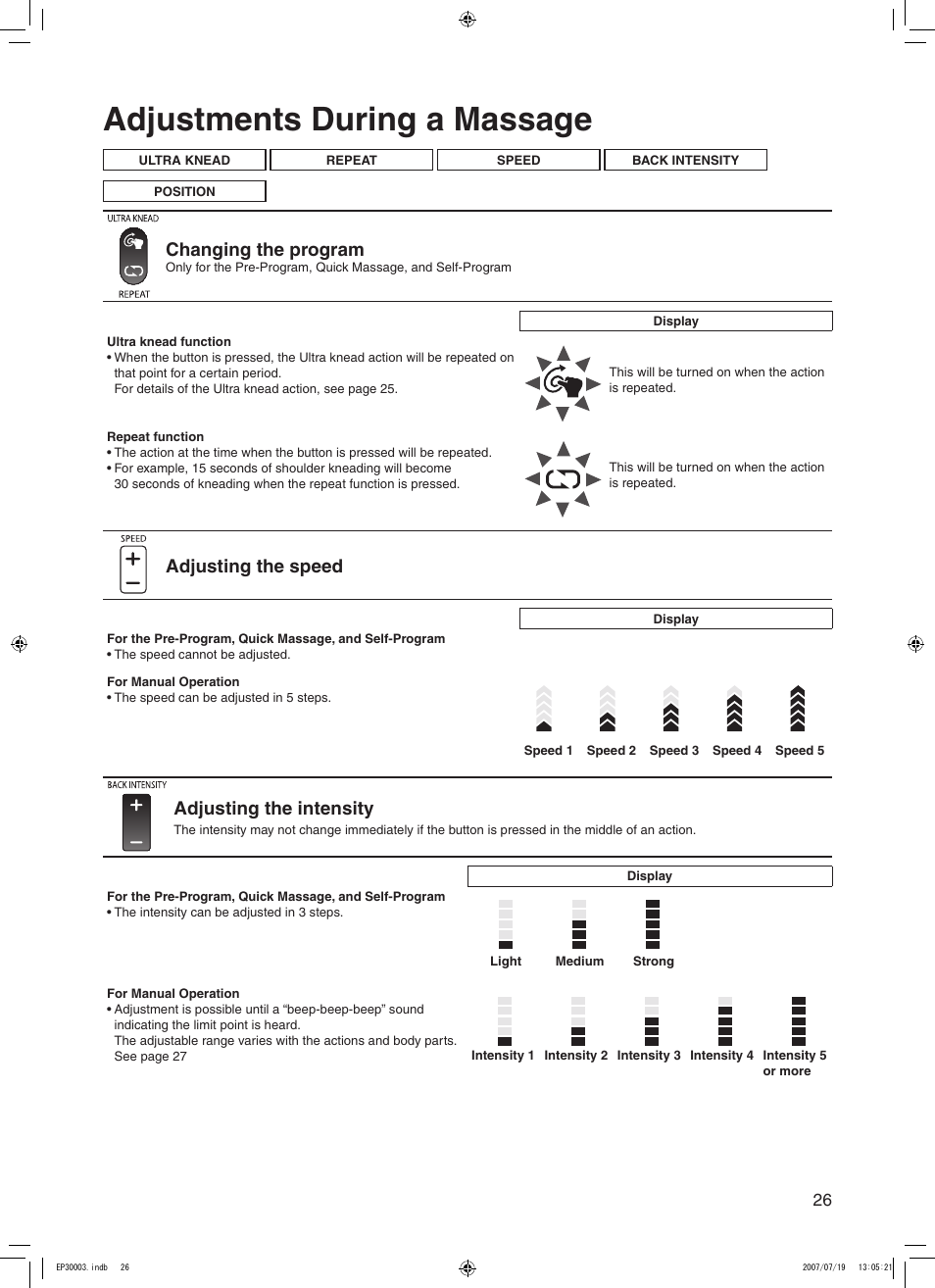 Adjustments during a massage, Changing the program, Adjusting the speed | Adjusting the intensity | Panasonic 30003 User Manual | Page 27 / 46