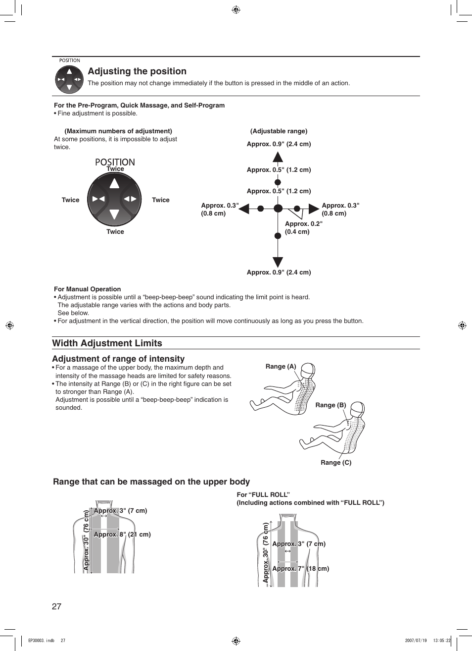 Adjusting the position, Width adjustment limits, Adjustment of range of intensity | Range that can be massaged on the upper body | Panasonic 30003 User Manual | Page 28 / 46