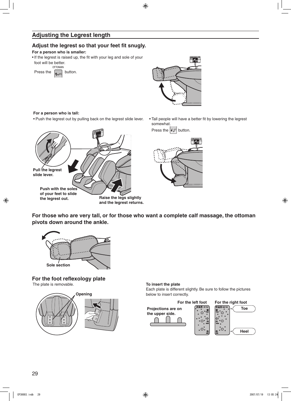 Adjusting the legrest length, Adjust the legrest so that your feet fit snugly, For the foot reflexology plate | Panasonic 30003 User Manual | Page 30 / 46