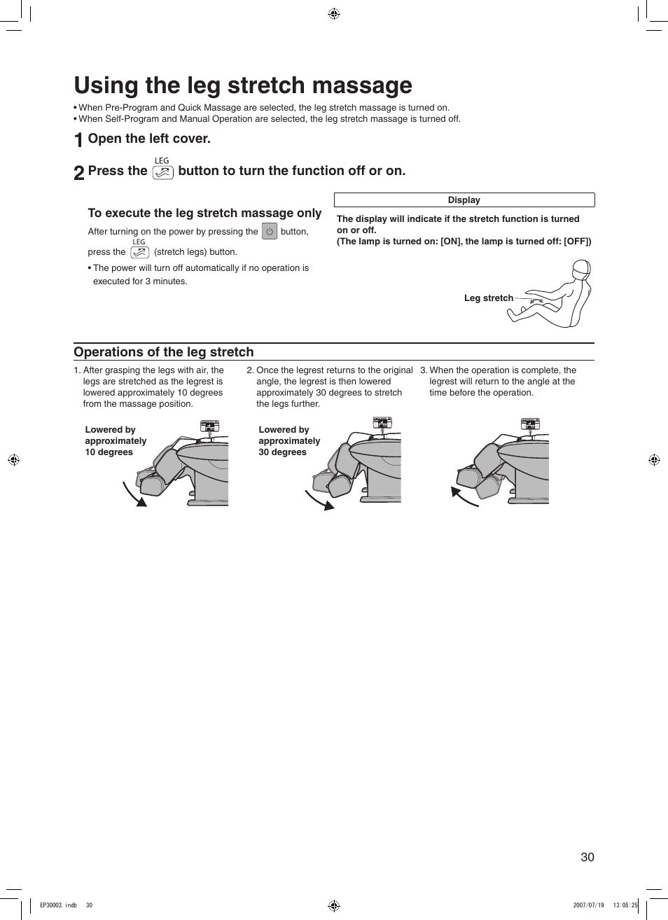 Using the leg stretch massage | Panasonic 30003 User Manual | Page 31 / 46