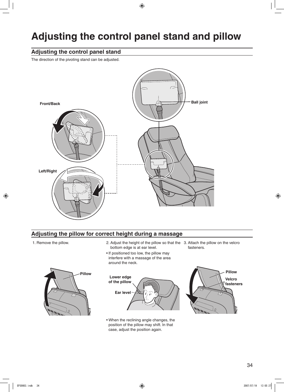 Adjusting the control panel stand and pillow, Adjusting the control panel stand | Panasonic 30003 User Manual | Page 35 / 46
