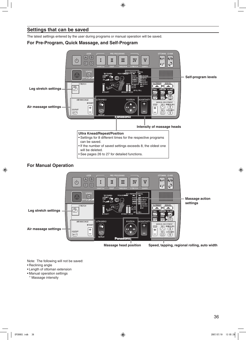 Settings that can be saved, For pre-program, quick massage, and self-program, For manual operation | Panasonic 30003 User Manual | Page 37 / 46