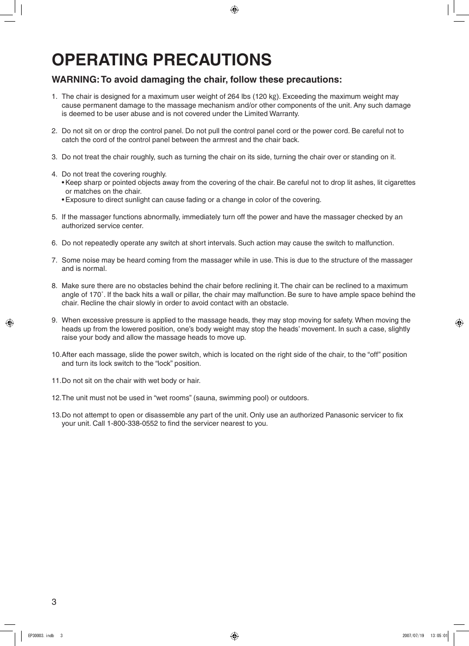 Operating precautions | Panasonic 30003 User Manual | Page 4 / 46