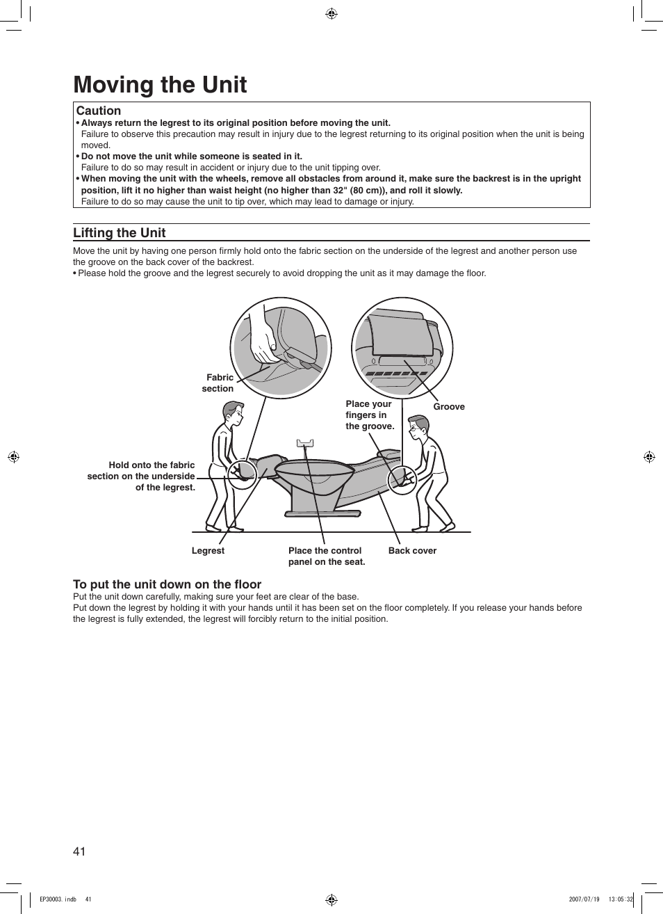 Moving the unit, Lifting the unit | Panasonic 30003 User Manual | Page 42 / 46