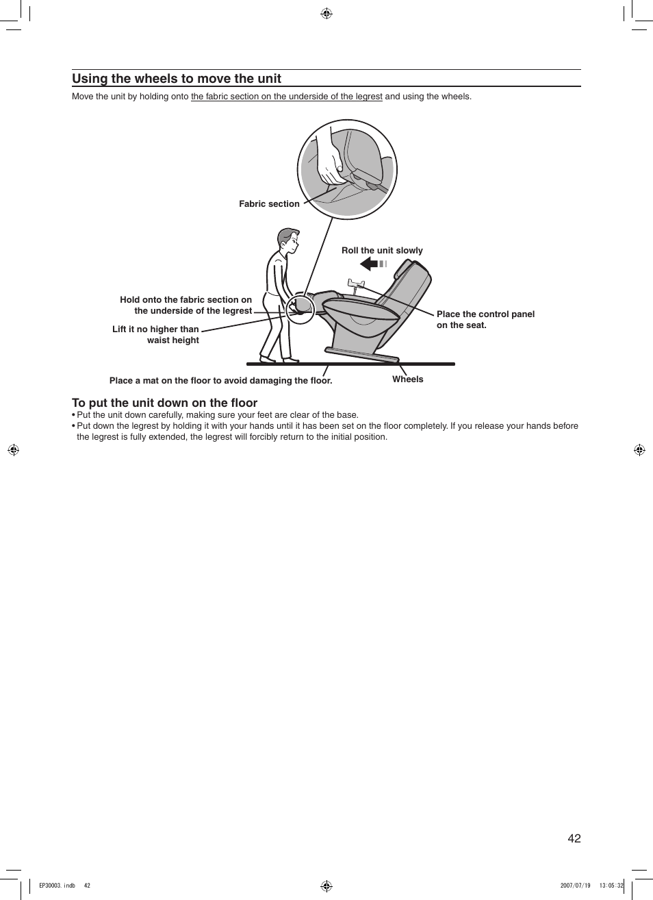 Using the wheels to move the unit | Panasonic 30003 User Manual | Page 43 / 46