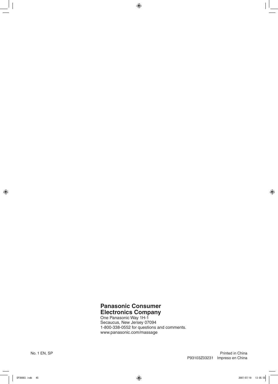 Panasonic consumer electronics company | Panasonic 30003 User Manual | Page 46 / 46