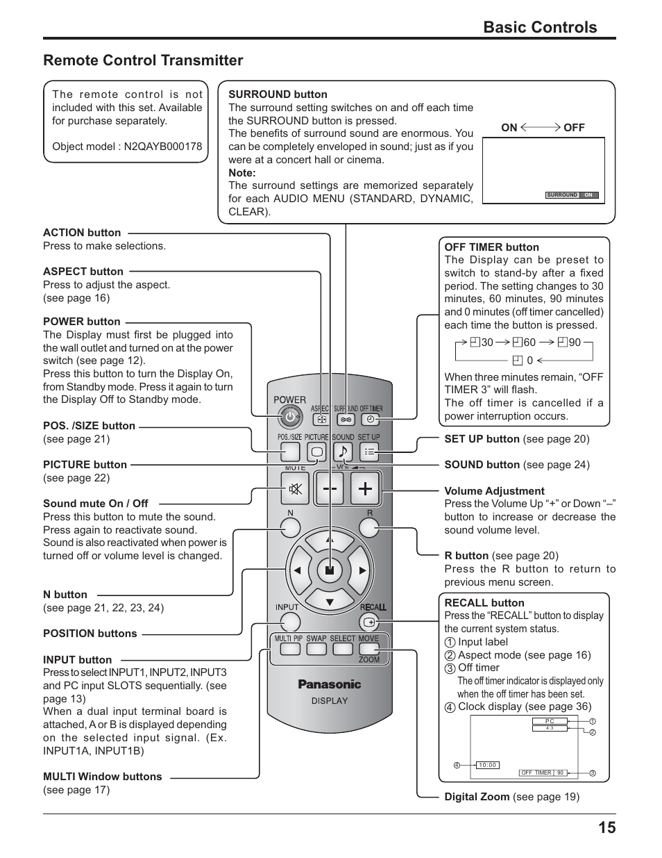 15 basic controls, Remote control transmitter | Panasonic TH-32LR11UH User Manual | Page 15 / 44