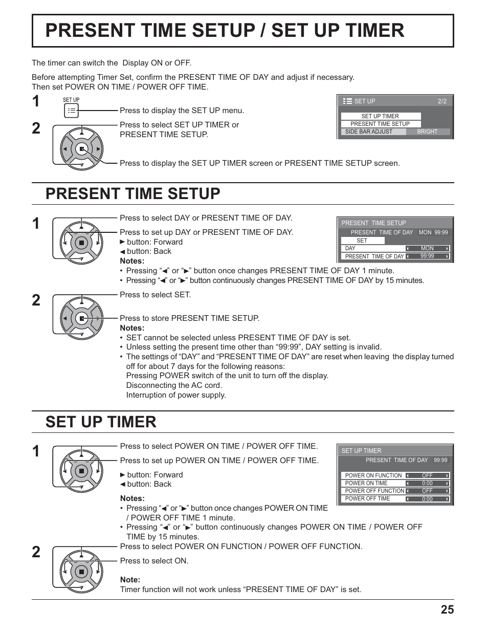 Present time setup / set up timer, Present time setup, 21 set up timer | Panasonic TH-32LR11UH User Manual | Page 25 / 44