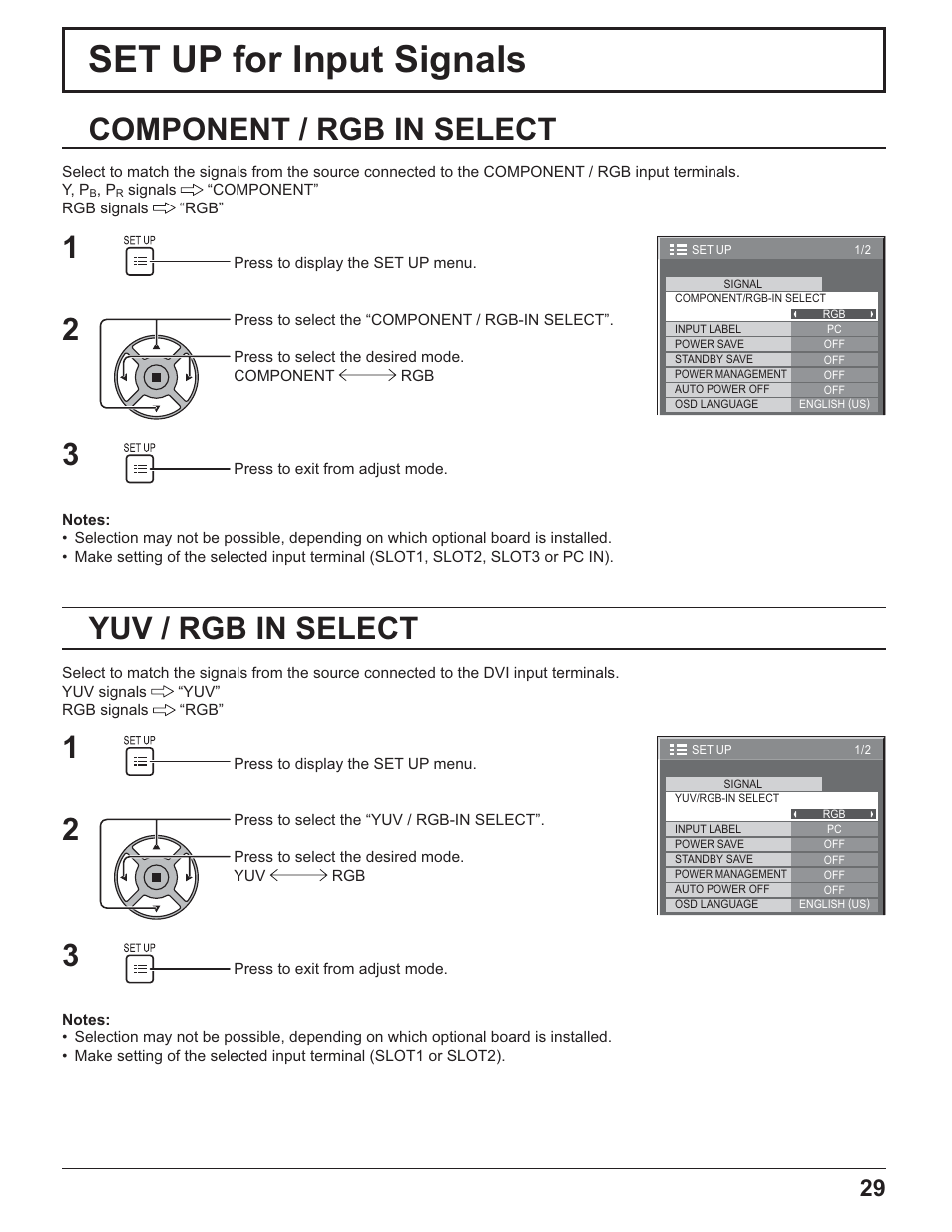 Set up for input signals, Component / rgb in select, 12 3 yuv / rgb in select | Panasonic TH-32LR11UH User Manual | Page 29 / 44