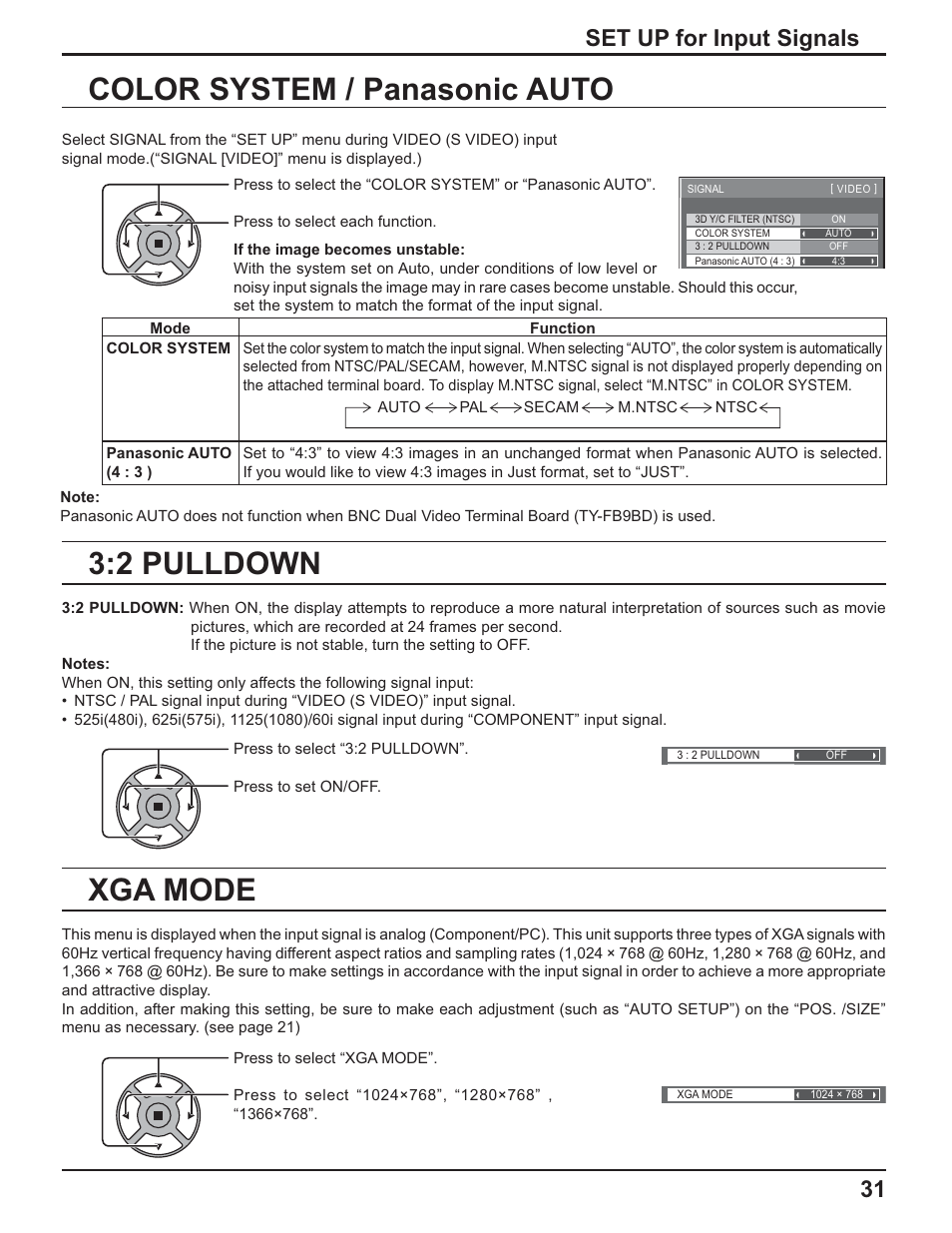 2 pulldown color system / panasonic auto, Xga mode, Set up for input signals | Panasonic TH-32LR11UH User Manual | Page 31 / 44