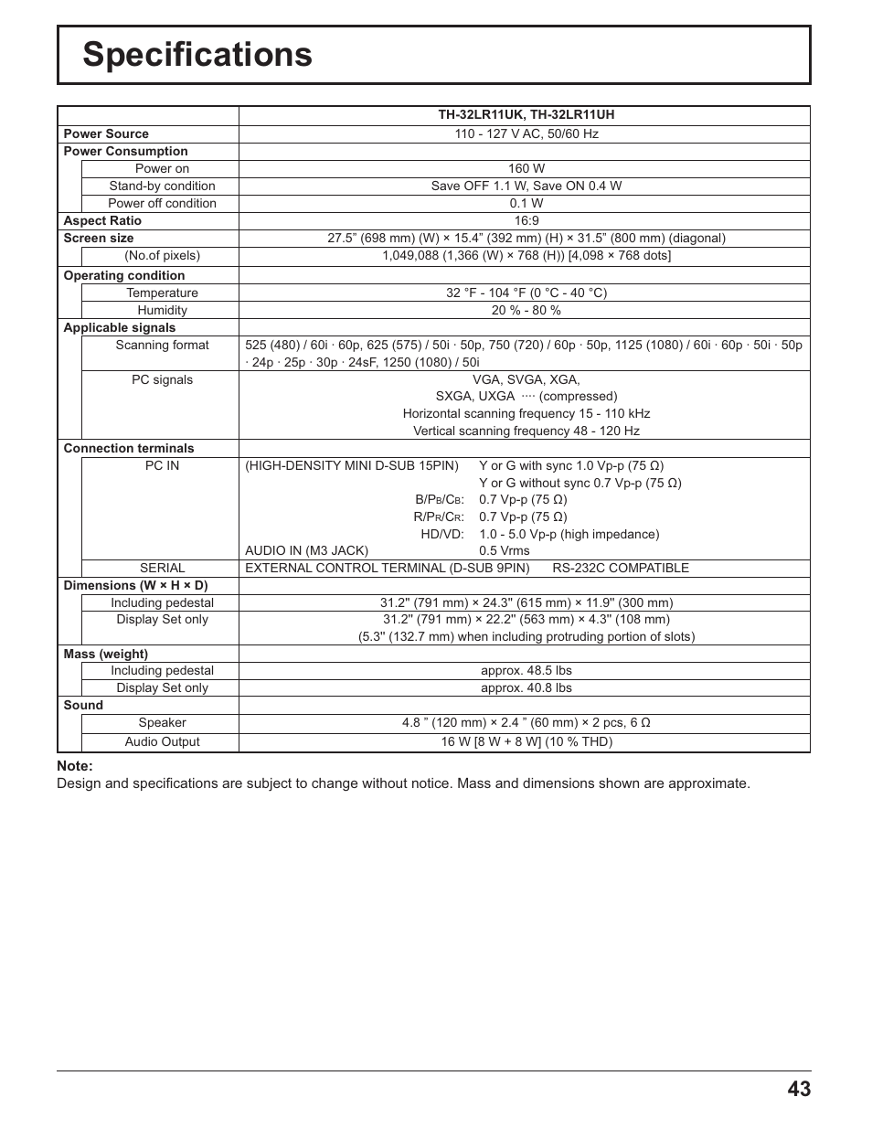 Specifications, Speciﬁ cations | Panasonic TH-32LR11UH User Manual | Page 43 / 44