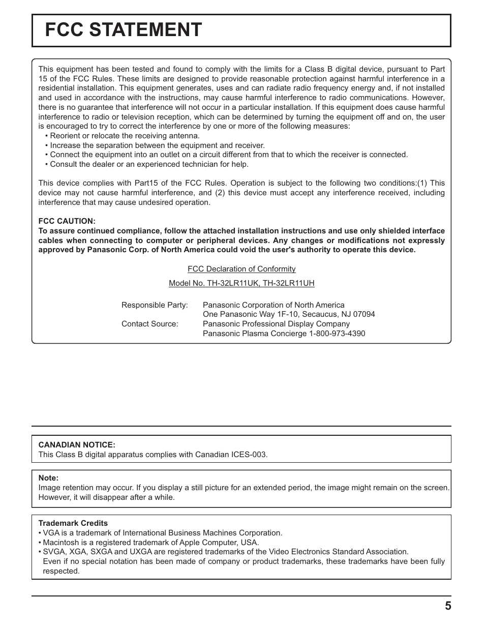 Fcc statement | Panasonic TH-32LR11UH User Manual | Page 5 / 44