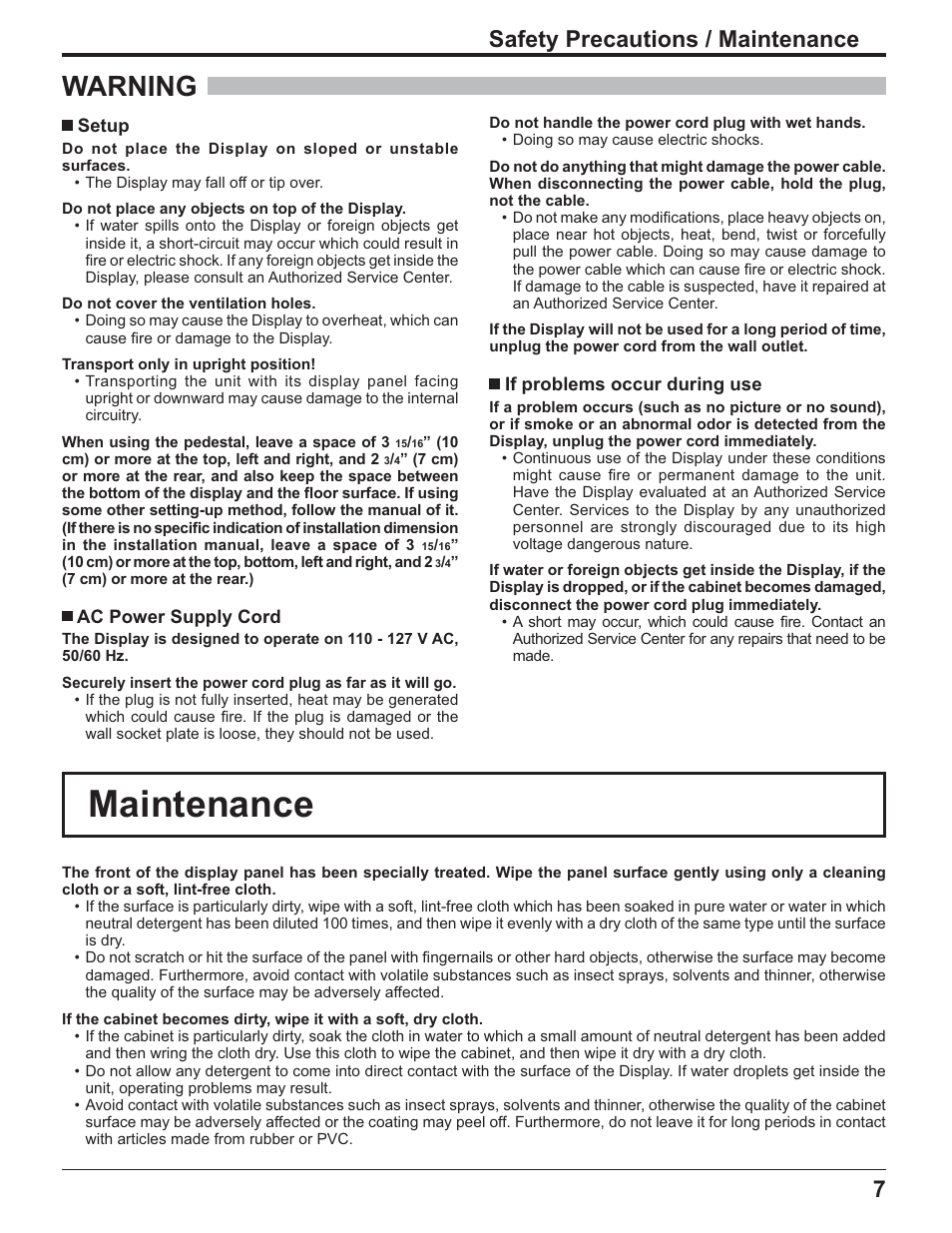 Maintenance, Warning, 7safety precautions / maintenance | Panasonic TH-32LR11UH User Manual | Page 7 / 44