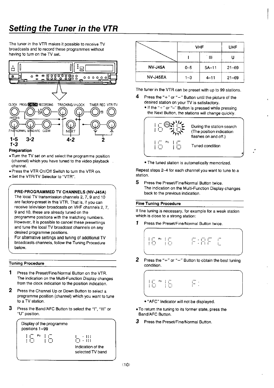 Setting the tuner in the vtr | Panasonic NV-J45 Series User Manual | Page 10 / 41