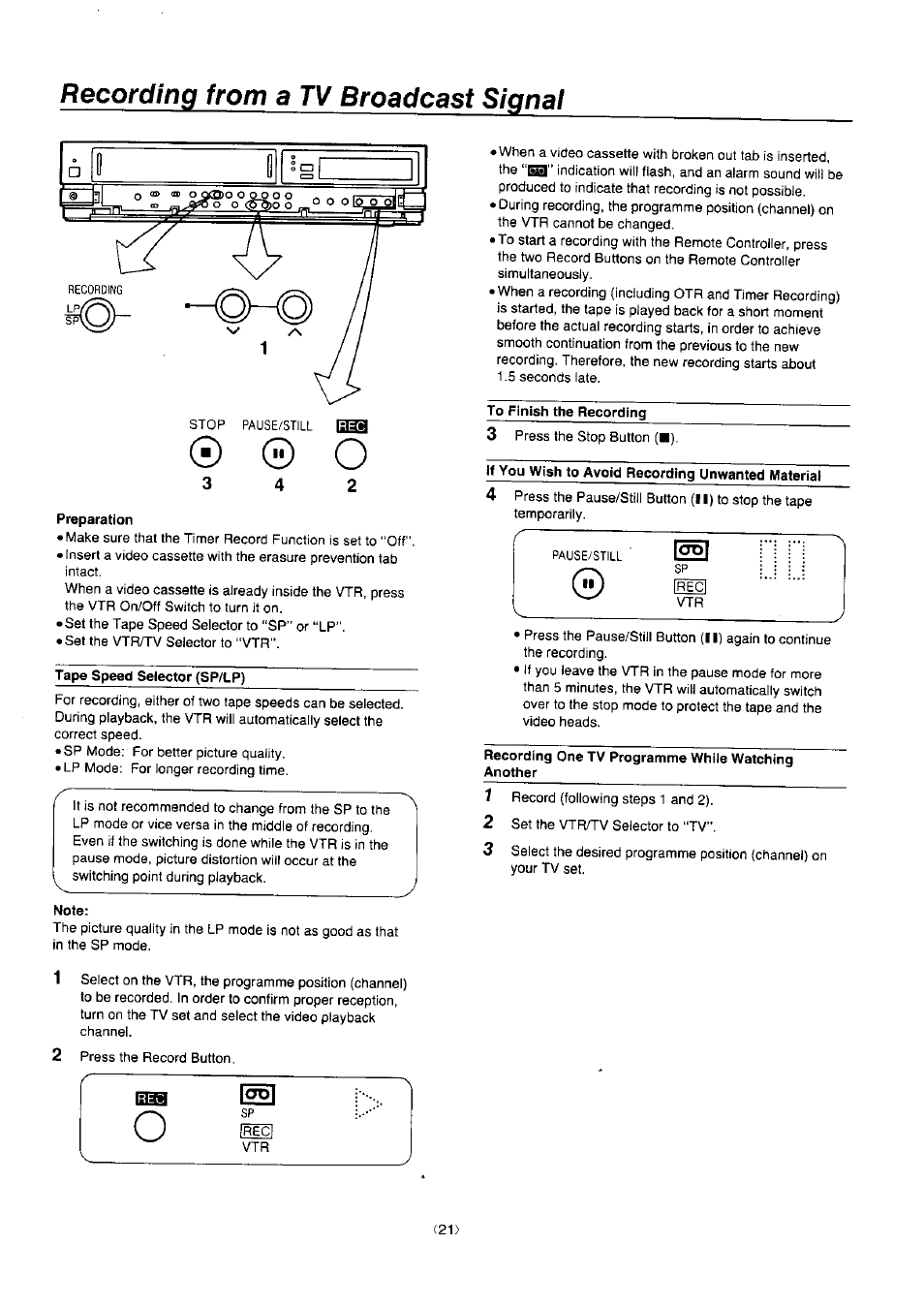 0 0 o, Recording from, Tv broadcast signal | Panasonic NV-J45 Series User Manual | Page 21 / 41