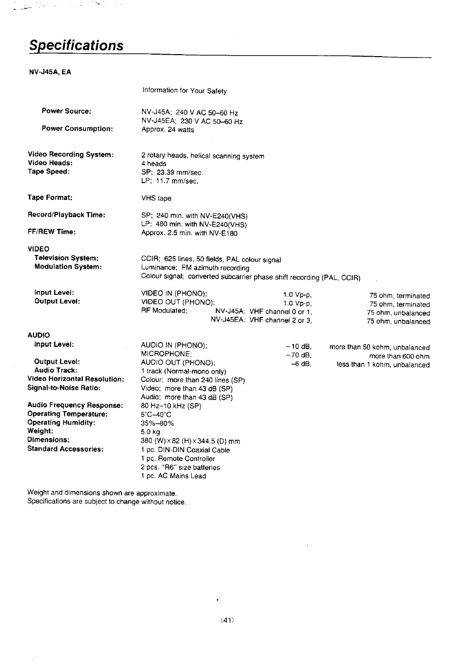 Specifications | Panasonic NV-J45 Series User Manual | Page 41 / 41