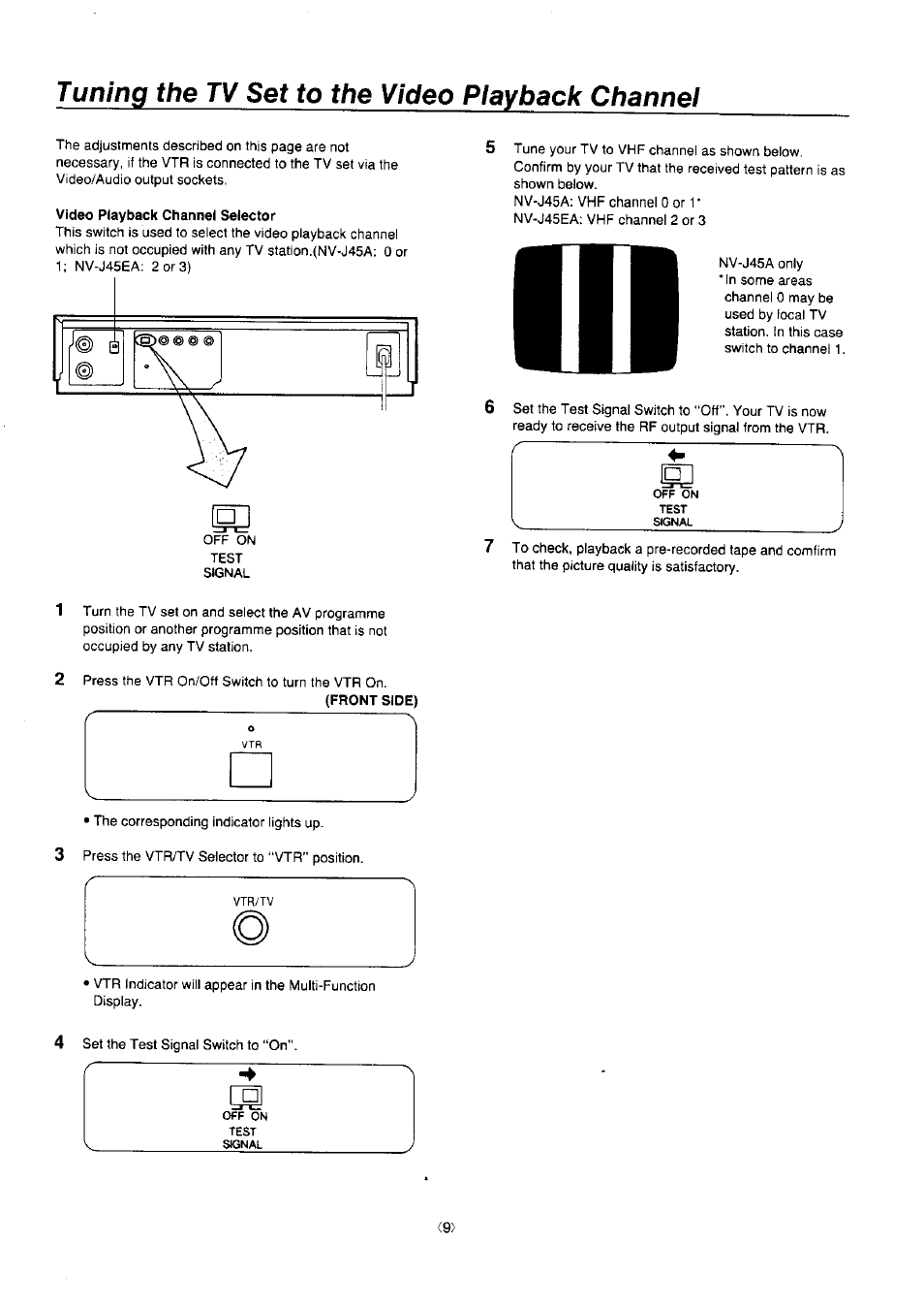 Tuning the tv set to the video playback channel | Panasonic NV-J45 Series User Manual | Page 9 / 41