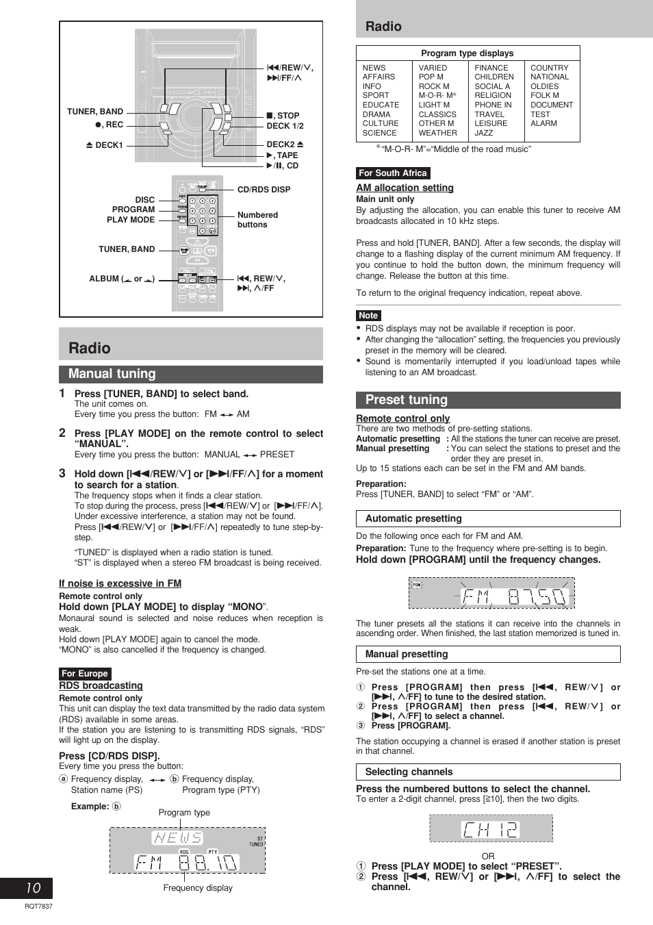 Radio, Manual tuning, Preset tuning | Panasonic SC-AK630 User Manual | Page 10 / 16