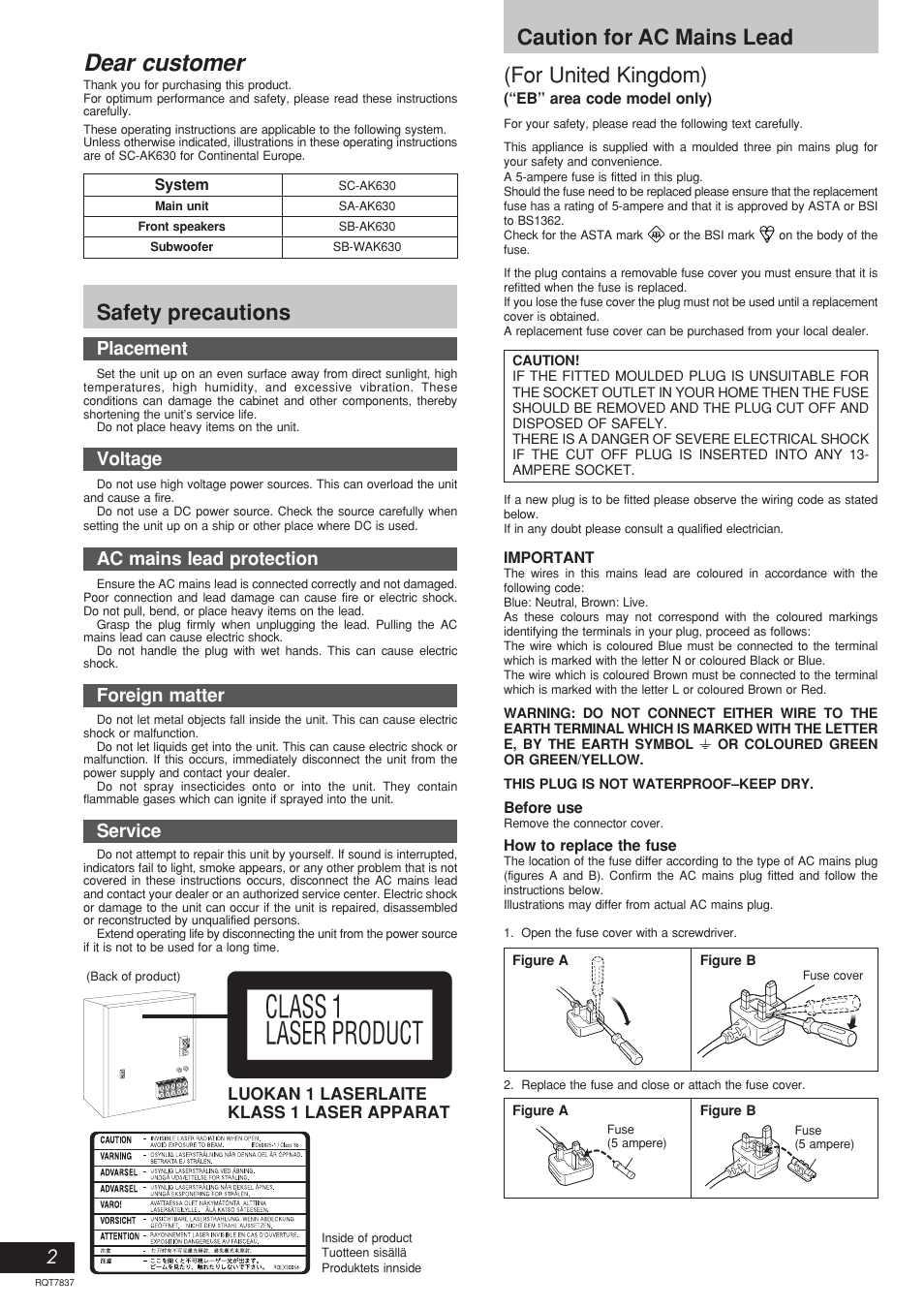 Dear customer, For united kingdom), Caution for ac mains lead | Safety precautions, Placement, Voltage, Ac mains lead protection, Foreign matter, Service | Panasonic SC-AK630 User Manual | Page 2 / 16