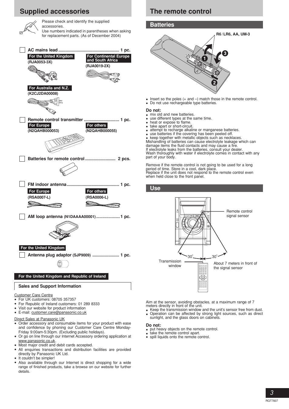 The remote control supplied accessories, Batteries | Panasonic SC-AK630 User Manual | Page 3 / 16