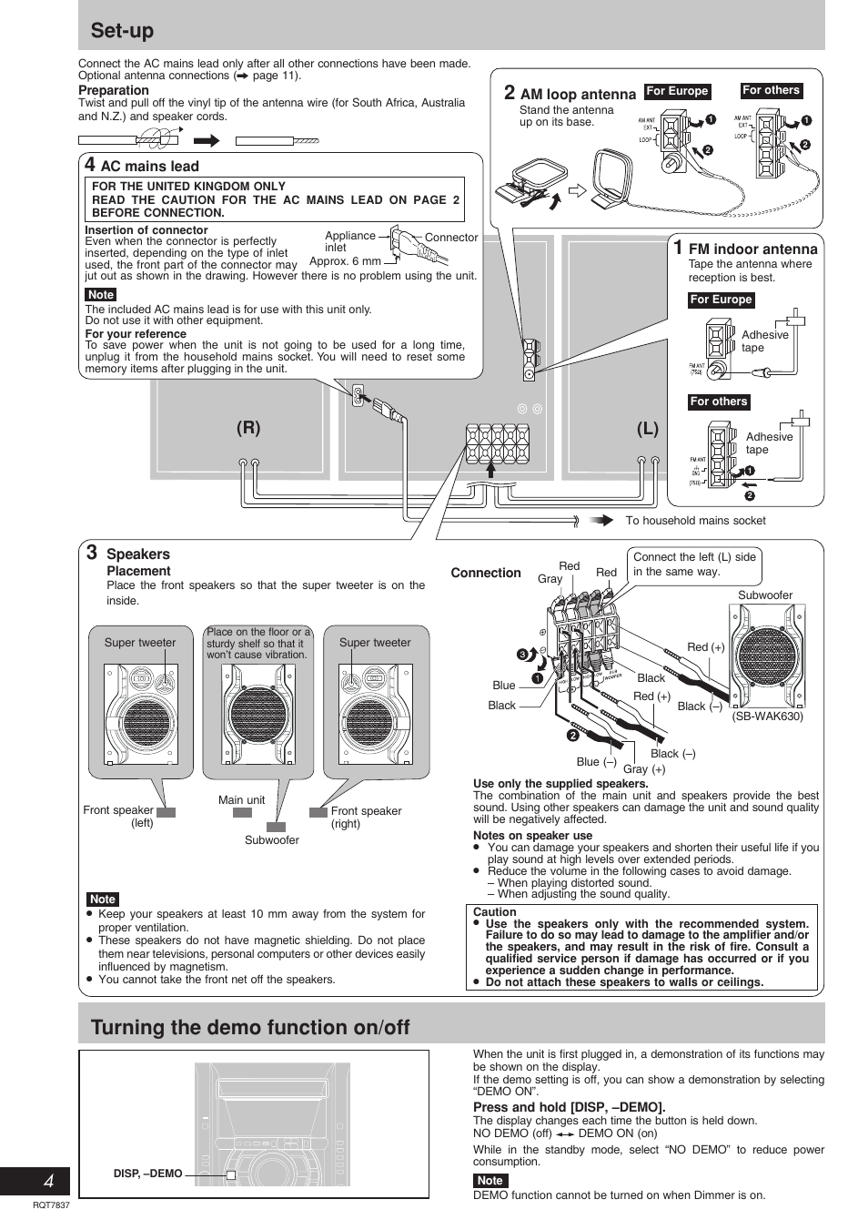 Set-up, Turning the demo function on/off, 4(r) (l) | Panasonic SC-AK630 User Manual | Page 4 / 16