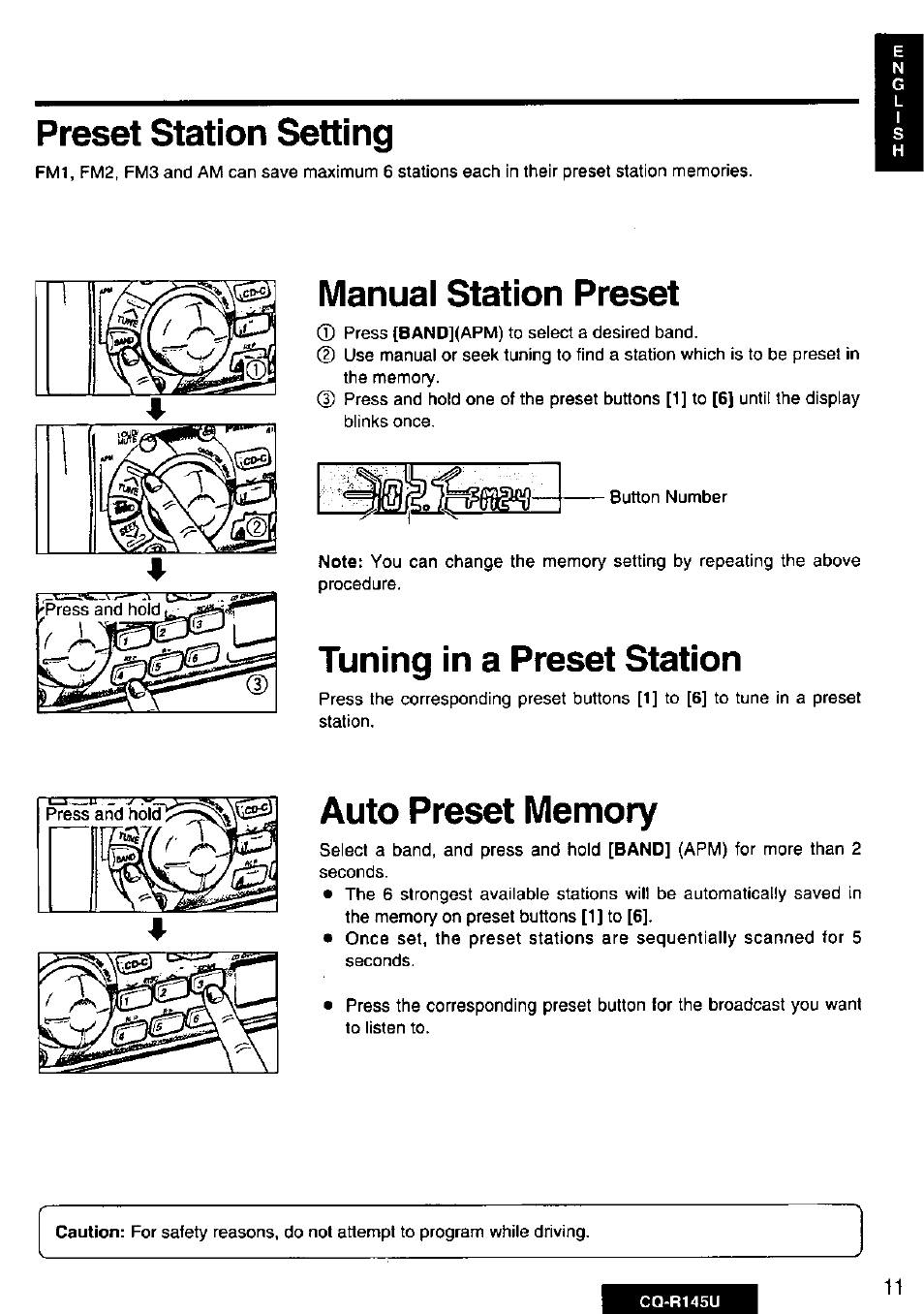 Preset station setting, Manual station preset, Tuning in a preset station | Auto preset memory | Panasonic CQ-R145U User Manual | Page 11 / 64