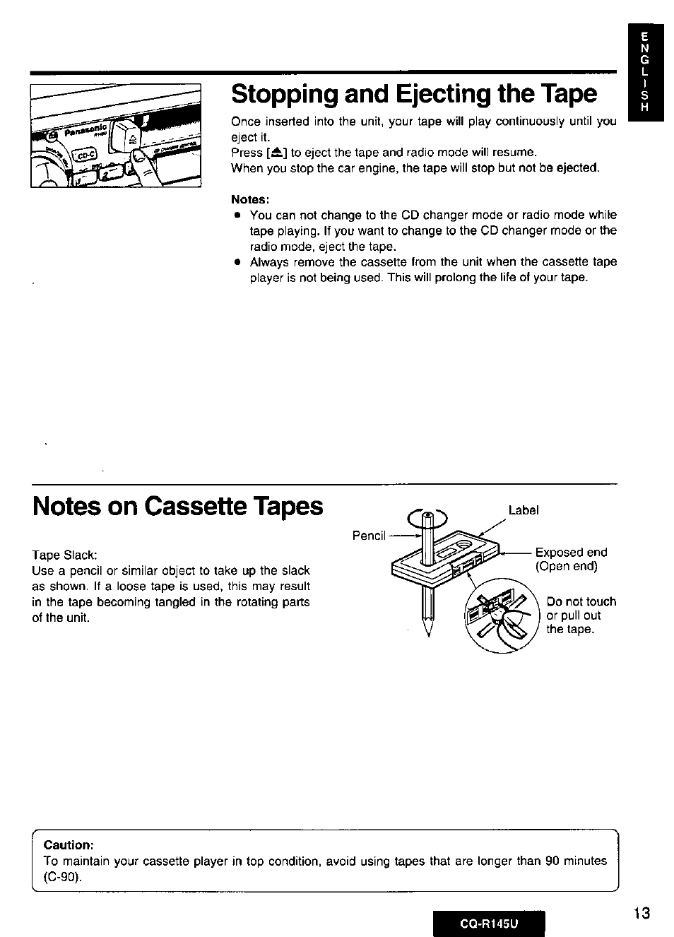 Stopping and ejecting the tape, Notes on cassette tapes | Panasonic CQ-R145U User Manual | Page 13 / 64