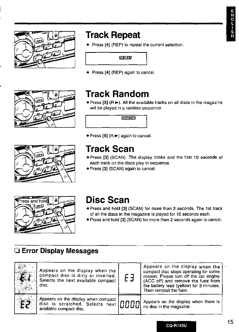 Track repeat, Track random, Track scan | Disc scan, Error display messages | Panasonic CQ-R145U User Manual | Page 15 / 64