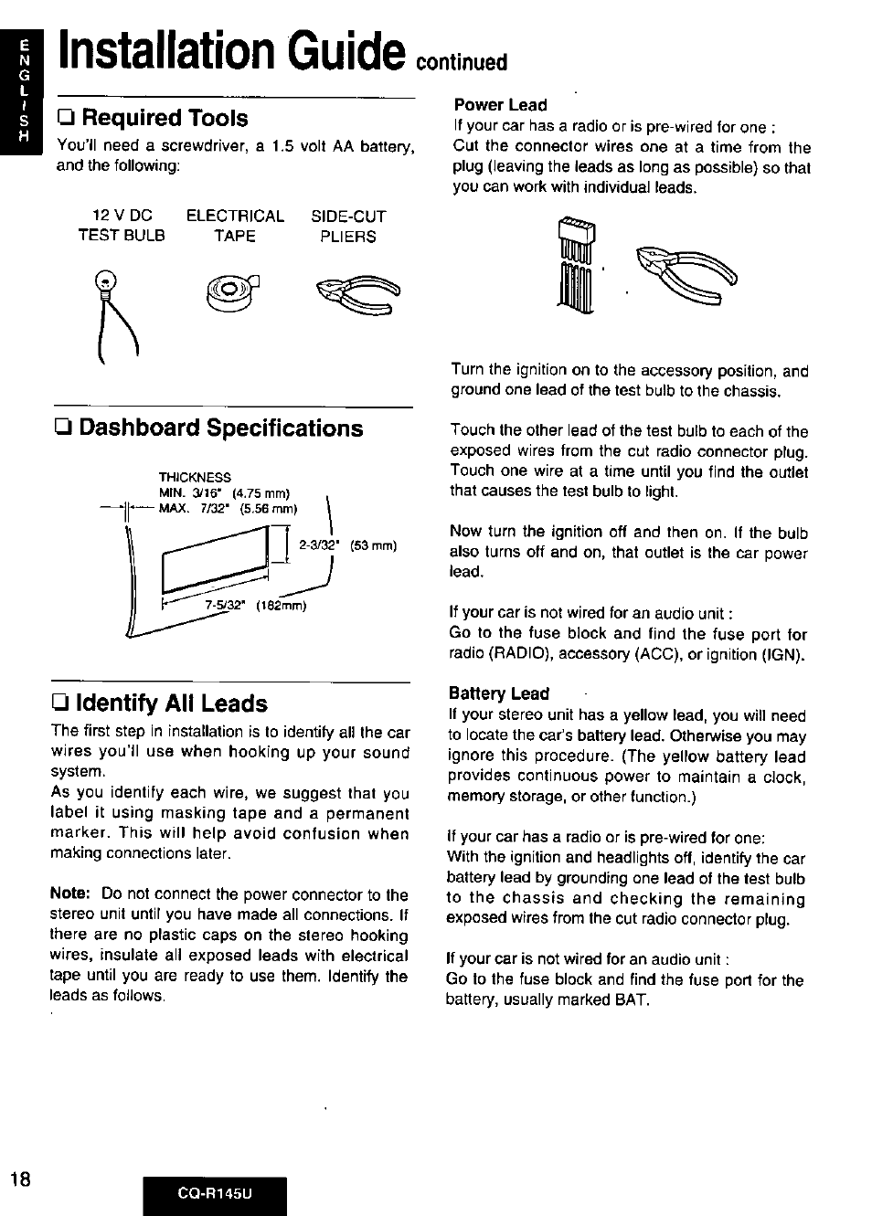 Required tools, Dashboard specifications, Identify alt leads | Installation guide | Panasonic CQ-R145U User Manual | Page 18 / 64