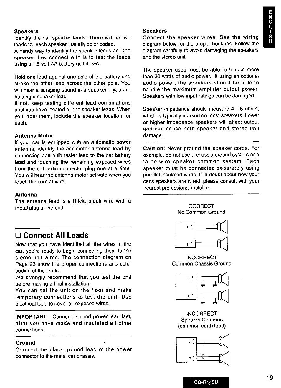Connect all leads | Panasonic CQ-R145U User Manual | Page 19 / 64