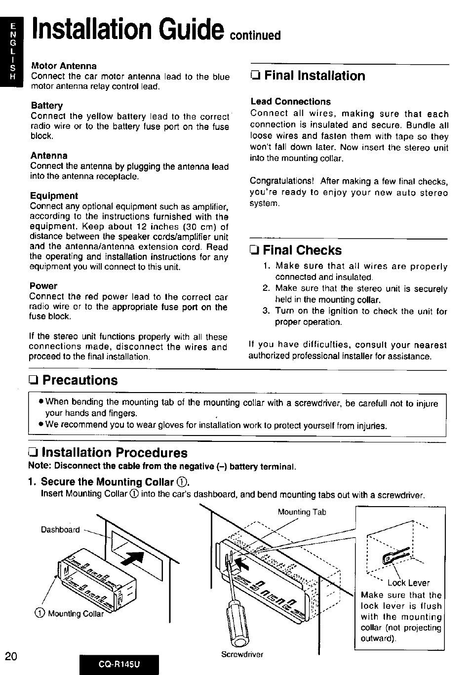 Final installation, Final checks, Precautions | Installation procedures, Installation guide | Panasonic CQ-R145U User Manual | Page 20 / 64