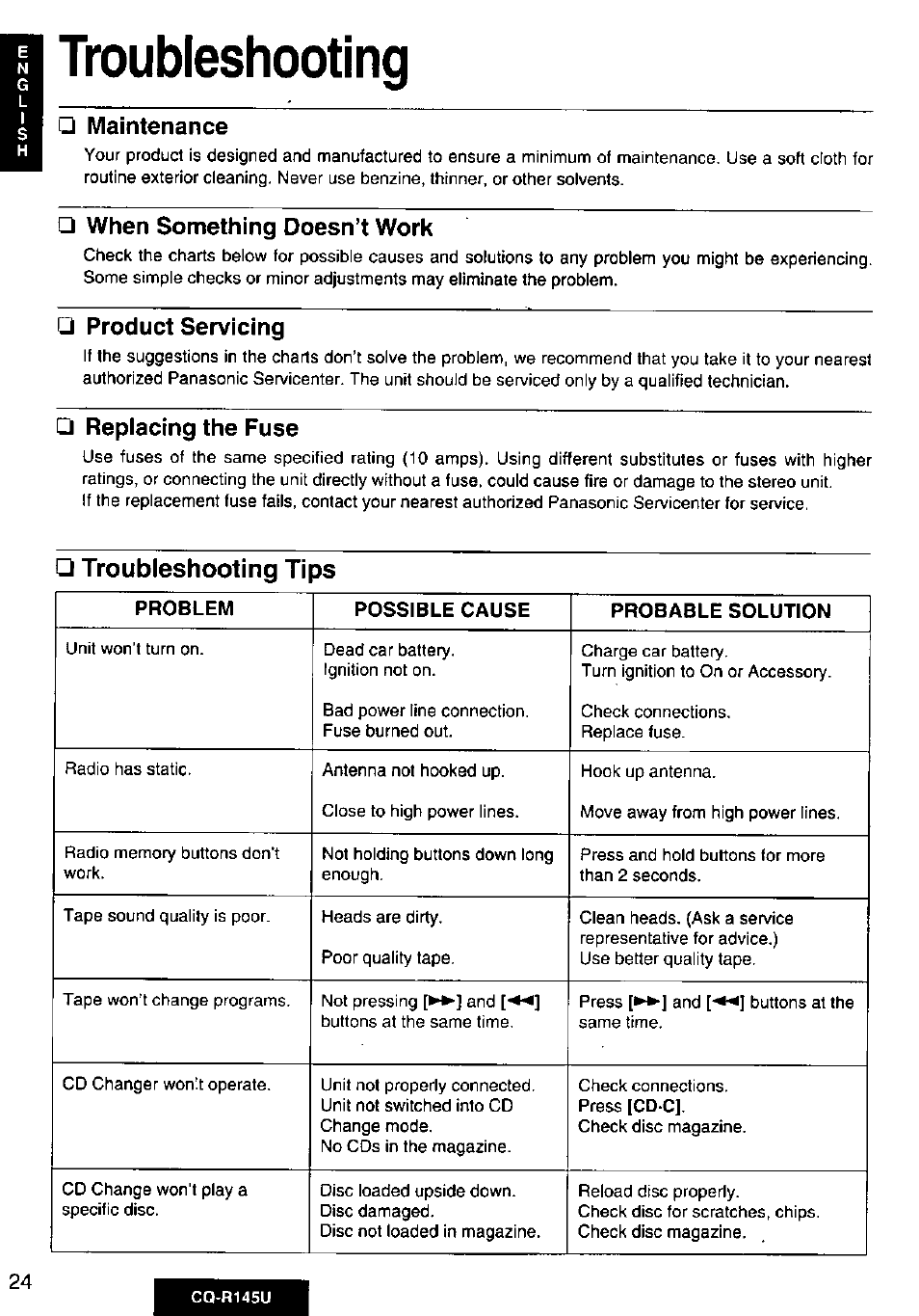 Maintenance, When something doesn’t work, Product servicing | Replacing the fuse, Troubleshooting tips, Troubleshooting | Panasonic CQ-R145U User Manual | Page 24 / 64