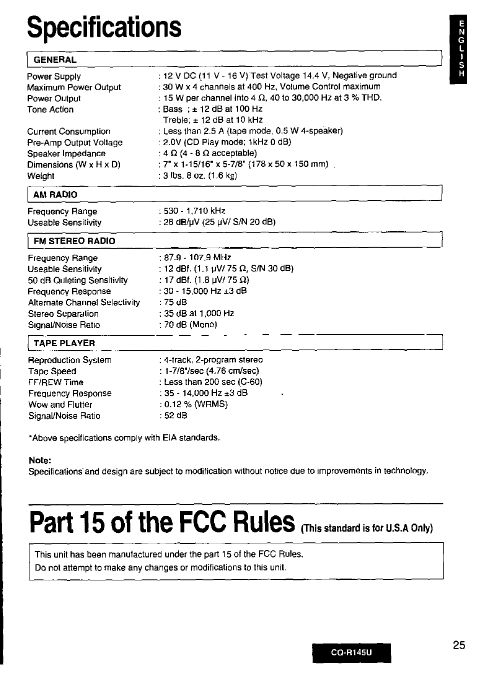 Specifications, Part 15 of the fcc ruies | Panasonic CQ-R145U User Manual | Page 25 / 64